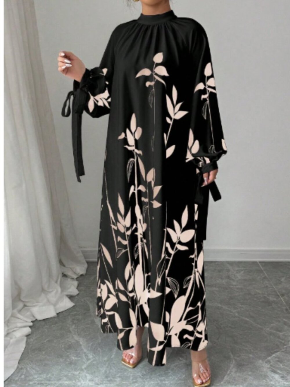 Lovely  Women's Long Sleeve Dress With Neck Tie And Floral Print - Picture 3 of 6